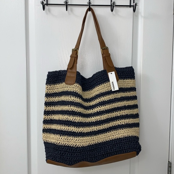 Sonoma Handbags - Navy Blue and Cream Striped Woven Straw Tote Bag